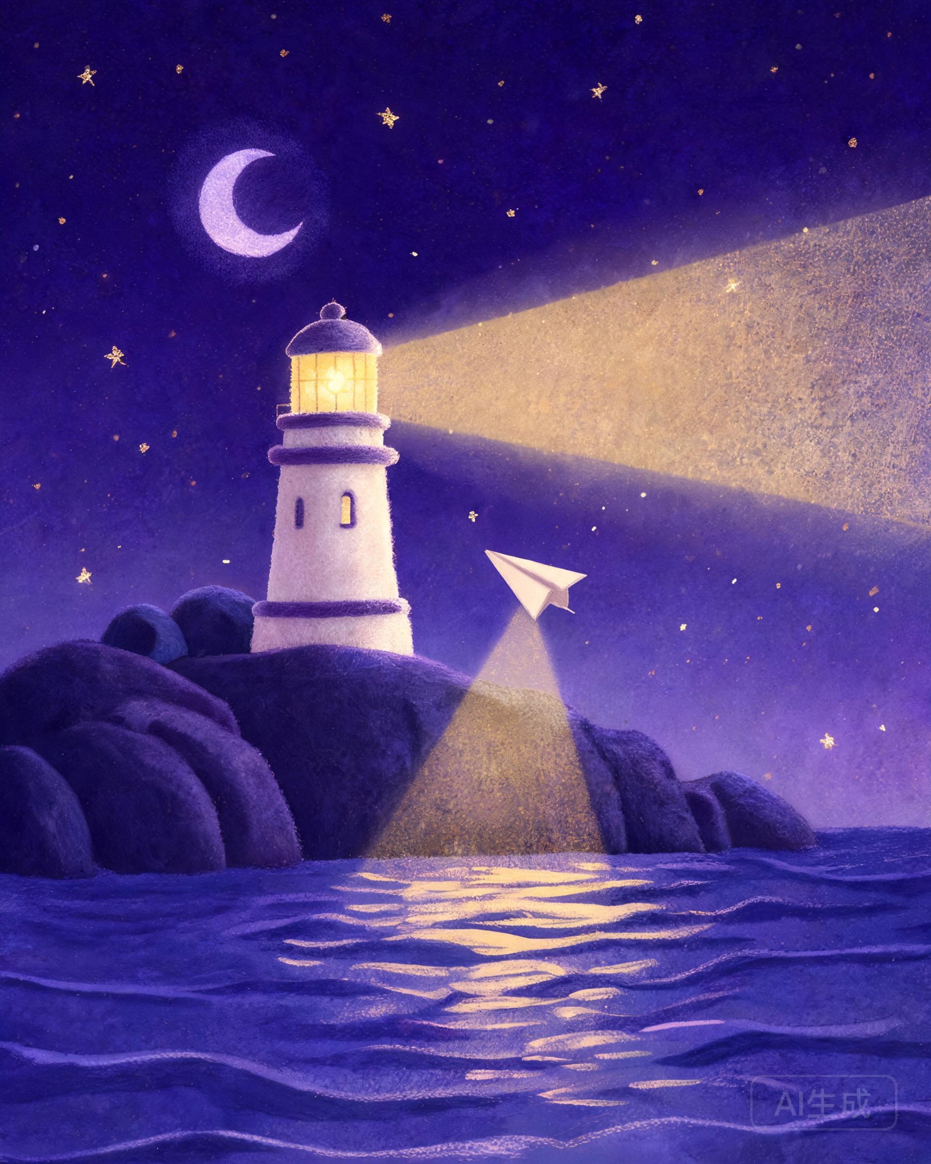 紫色梦幻校园风日签插画：星空夜海上一座发光灯塔投出温暖光束，纸飞机冉冉升起，寓意每个优秀的人都有一段沉默的时光
