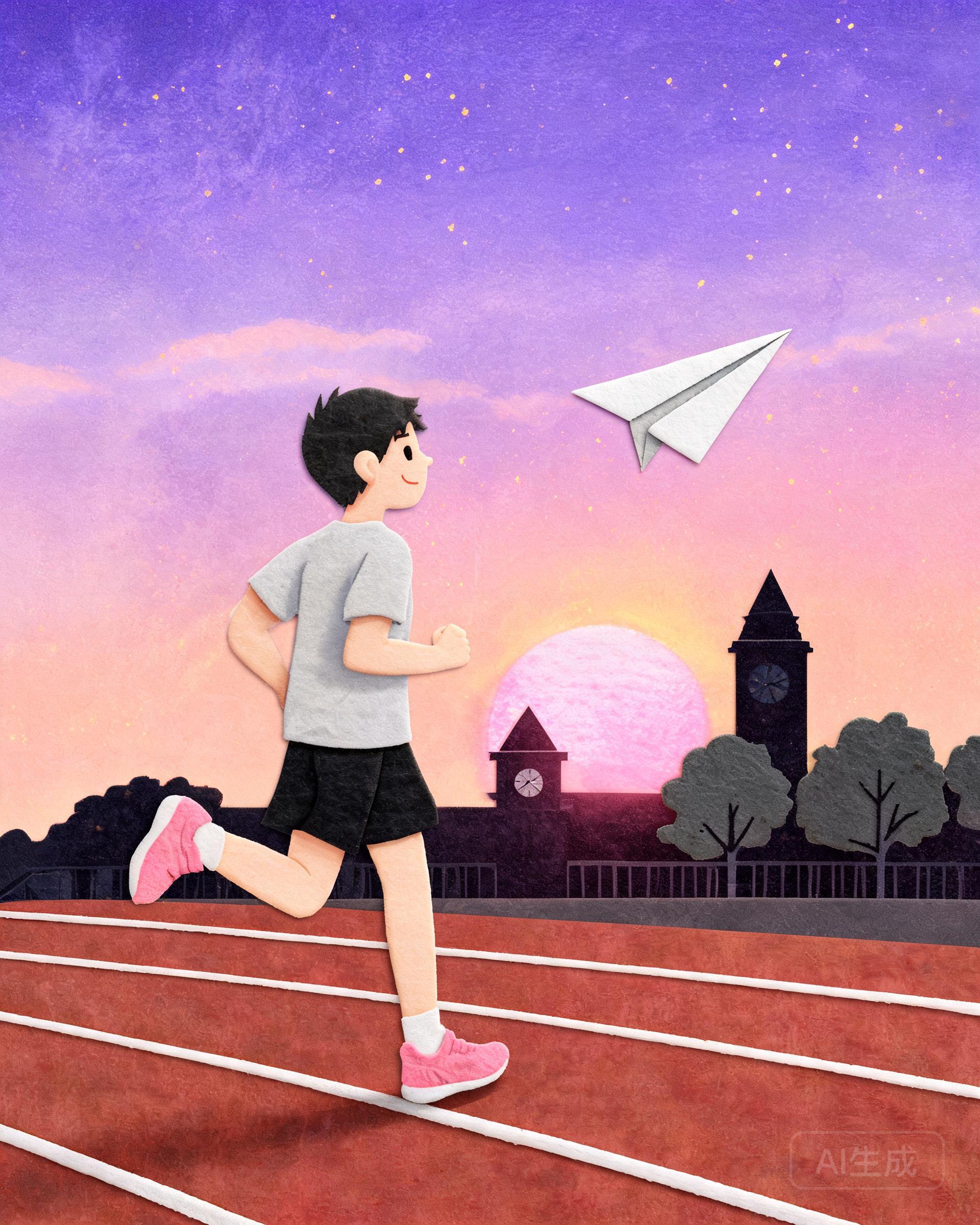 紫色梦幻校园风日签插画：暖紫夕阳下一位同学在校园跑道上奔跑，纸飞机飞向落日，寓意生活明朗万物可爱按时长大